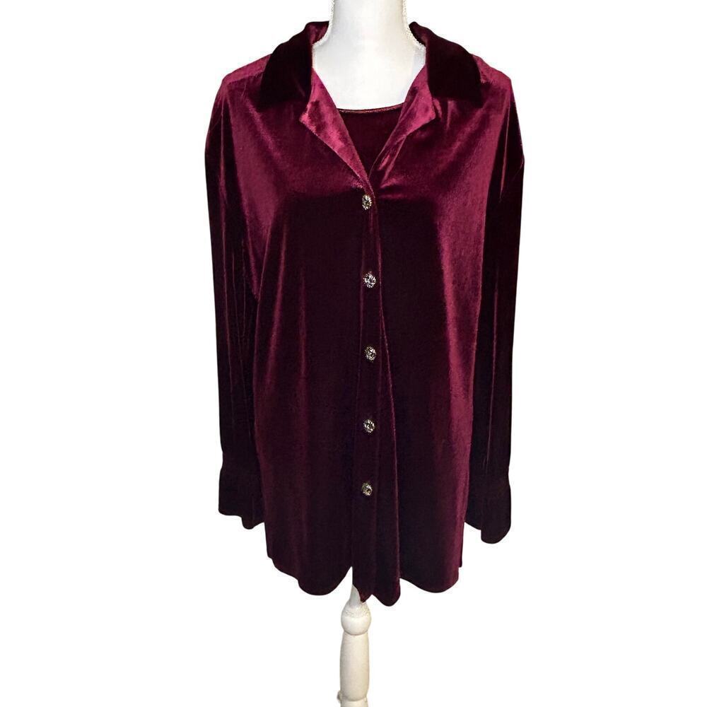 Coldwater Creek NWT burgundy velvet button top smocked detail 2 piece set size L